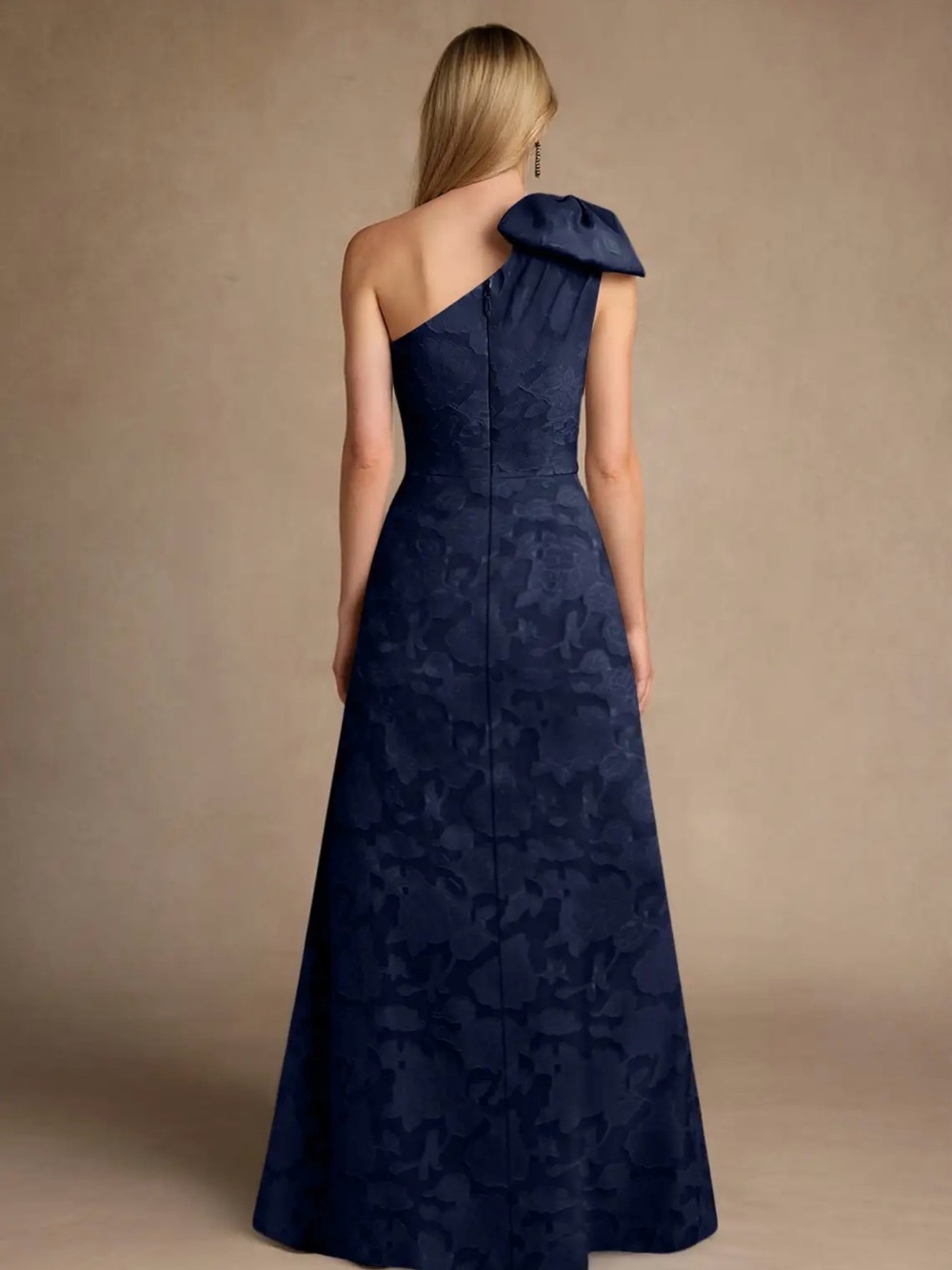 One-Shoulder Navy Floral Jacquard Evening Dress - Picture 2 of 5